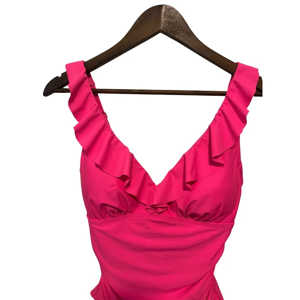 NWT DKNY Ruffle Plunge Underwire Tummy Control One-Piece Swimsuit Sz 8 Neon Pink - Picture 3 of 7